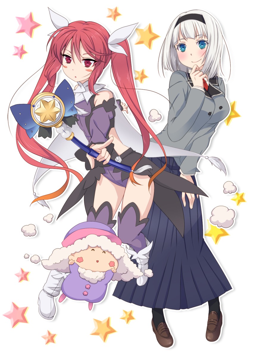 3girls :o anna_nishikinomiya aqua_eyes black_legwear blush blush_stickers boots breasts cape cosplay crossover cthugha_(nyaruko-san) fate/kaleid_liner_prisma_illya fate_(series) gloves hair_ribbon hairband haiyore!_nyaruko-san highres kaleido_sapphire ko_yu large_breasts loafers long_hair long_skirt luviagelita_edelfelt magical_sapphire matsuki_miyu mirumo_de_pon! miyu_edelfelt miyu_edelfelt_(cosplay) miyu_edelfelt_(magical_girl) multiple_crossover multiple_girls pantyhose pikumo red_eyes red_hair ribbon school_uniform shimoneta_to_iu_gainen_ga_sonzai_shinai_taikutsu_na_sekai shoes short_hair silver_hair skirt smile thighhighs twintails voice_actor_connection wand