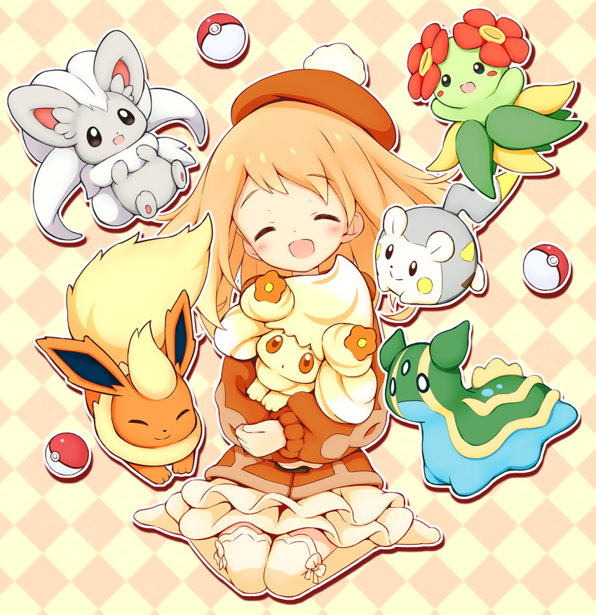 1girl :d ^_^ aikei_ake alcremie argyle_background bellossom blue_eyes blush brown_eyes cardigan closed_eyes closed_mouth commentary_request dress flareon flower full_body game_freak gastrodon gastrodon_(east) gen_1_pokemon gen_2_pokemon gen_4_pokemon gen_5_pokemon gen_7_pokemon gen_8_pokemon gloria_(pokemon) hat highres hug light_brown_hair long_hair long_sleeves minccino nintendo no_shoes open_mouth orange_cardigan orange_hat outline poke_ball poke_ball_(basic) pokemon pokemon_(creature) pokemon_swsh puffy_long_sleeves puffy_sleeves red_flower sitting sleeves_past_wrists smile tam_o&#039;_shanter thighhighs togedemaru wariza white_dress white_outline white_thighhighs