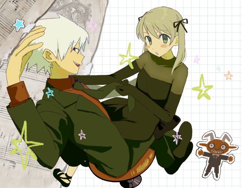 1girl 2boys black_dress black_necktie black_shoes blonde_hair blush_stickers colored_skin commentary dress elbow_gloves gloves green_eyes highres maka_albarn multiple_boys necktie red_eyes red_shirt red_skin sharp_teeth shirt shoes short_hair sitting sitting_on_person soul_eater soul_evans star_(symbol) teeth twintails ux_xu_o03