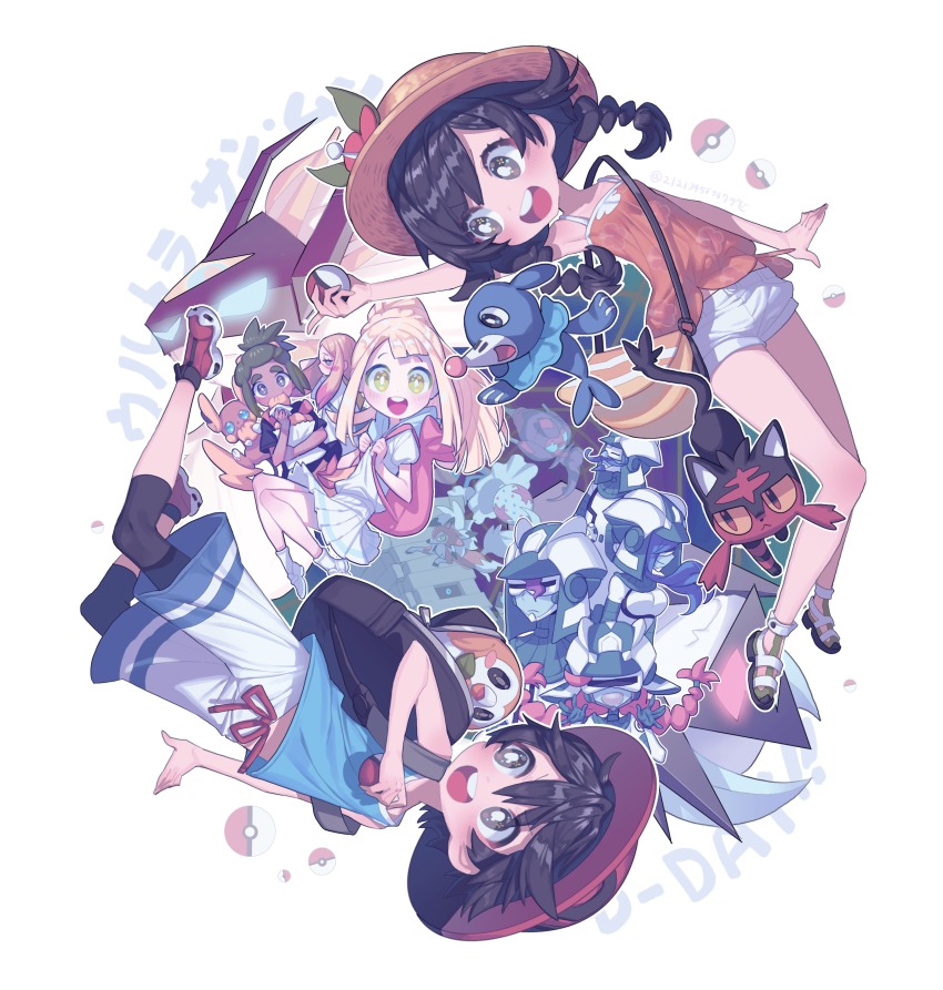 2boys 3girls absurdres alolan_form alolan_raichu bag blacephalon black_hair blonde_hair blue_skin bright_pupils brown_hair colored_skin dark-skinned_male dark_skin dawn_wings_necrozma dulse_(pokemon) dusk_mane_necrozma eating elio_(pokemon) gen_7_pokemon green_eyes hat hau_(pokemon) highres legendary_pokemon lillie_(pokemon) litten lycanroc lycanroc_(dusk) maratang mina_(pokemon) multiple_boys multiple_girls necrozma necrozma_(dawn_wings) necrozma_(dusk_mane) nintendo phyco_(pokemon) poipole poke_ball poke_ball_(basic) pokemon pokemon_(creature) pokemon_usum ponytail popplio rowlet school_uniform selene_(pokemon) selene_(pokemon_usum) smile soliera_(pokemon) stakataka starter_pokemon_trio ultra_beast ultra_recon_squad_uniform watermark white_pupils you_(pokemon_usum) zossie_(pokemon)