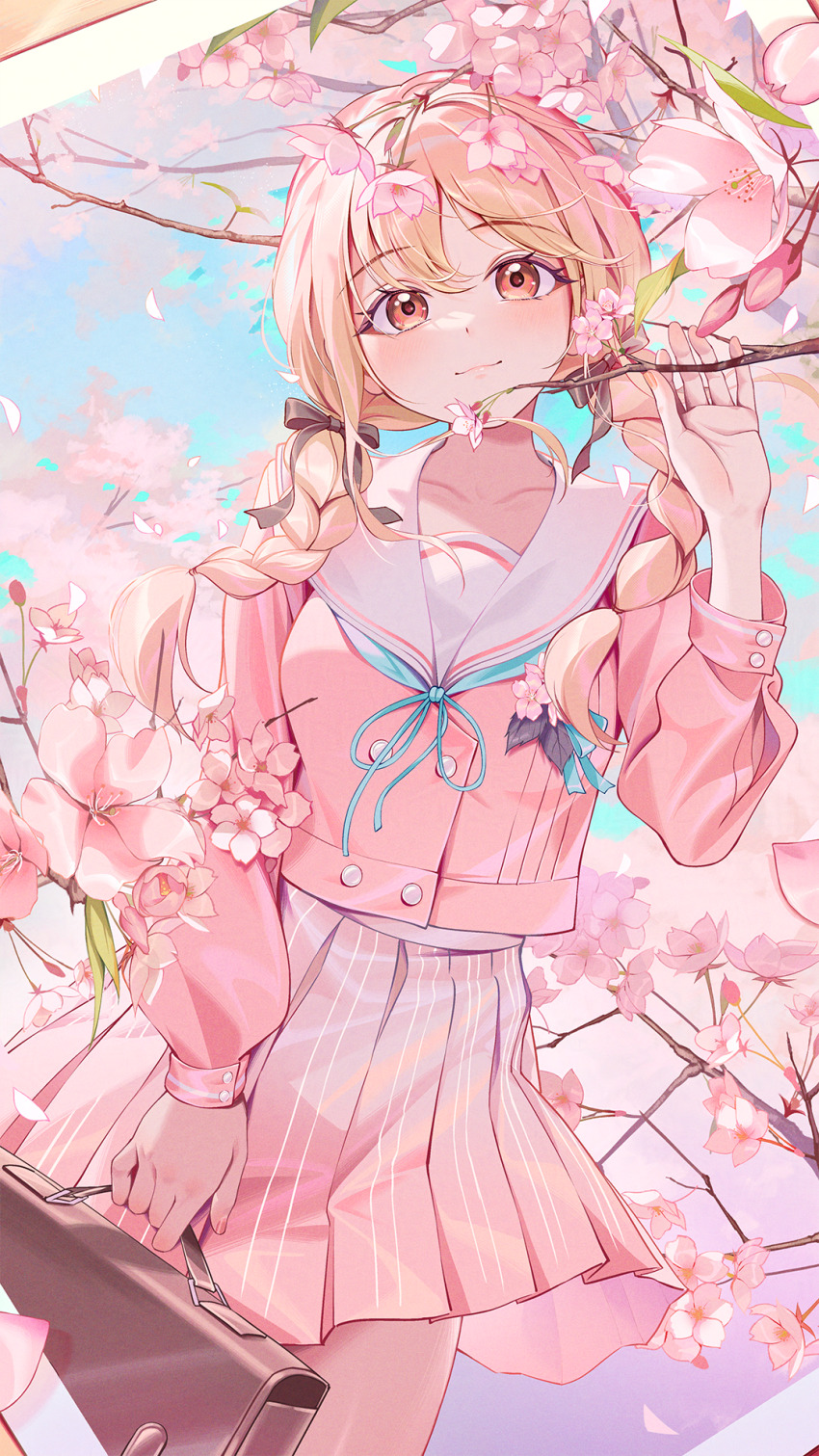 1girl aqua_ribbon bag blonde_hair blush braid brown_bag brown_ribbon cherry_blossoms commentary_request fujita_kotone gakuen_idolmaster hair_ribbon highres holding holding_bag idolmaster kainown light_smile long_hair long_sleeves looking_at_viewer neck_ribbon official_alternate_costume outdoors pink_serafuku pleated_skirt ribbon school_uniform serafuku skirt solo twin_braids yellow_eyes