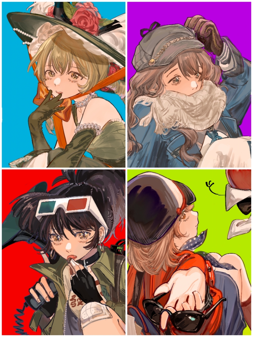 3d_glasses 4girls absurdres an-an_lee apple apple_(reverse:1999) arm_up backpack bag bare_shoulders black_bow black_bowtie black_choker black_gloves black_hair blonde_hair blue_background blue_coat blue_dress blue_eyes blue_neckerchief bow bowtie brown_gloves brown_hair cabbie_hat chin_strap chocolate choker clothes_writing coat covered_mouth dress drill_hair earrings elbow_gloves eyewear_on_head feet_out_of_frame fingerless_gloves fingers_to_mouth flower food from_above from_behind fruit gauze gauze_on_knee gloves green_background green_dress green_eyes green_gloves green_hat green_jacket grey_hat han_na hand_up hands_up hat hat_feather hat_flower highres holding holding_chocolate holding_food holding_megaphone holding_removed_eyewear hoop_earrings jacket jewelry knee_to_chest knees_to_chest knees_up licking_food long_dress long_hair looking_at_viewer low_twintails marcus_(reverse:1999) medium_hair megaphone multiple_girls neckerchief necklace orange_bow orange_eyes outstretched_hand pearl_necklace picture_hat polka_dot_neckerchief ponytail profile purple_background red_background red_flower red_jacket red_socks regulus_(reverse:1999) reverse:1999 scarf scarf_over_mouth scratching_head shirt short_dress short_hair sleeveless sleeveless_dress socks sotheby sunglasses tongue tongue_out traditional_bowtie twin_drills twintails unworn_eyewear upper_body white_dress white_scarf white_shirt