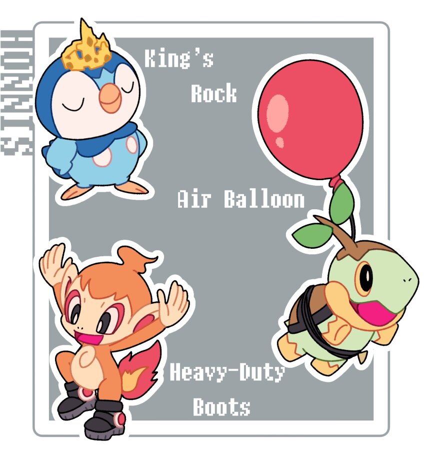 :d air_balloon_(pokemon) animal_focus balloon bird black_eyes black_shoes blue_feathers border chimchar closed_eyes colored_sclera creatures_(company) crown feathers fire full_body game_freak gen_4_pokemon grey_background heavy-duty_boots_(pokemon) highres king&#039;s_rock leaf looking_at_viewer monkey nintendo no_humans nose_poke000 open_mouth orange_fur penguin piplup pokemon pokemon_(creature) shoes simple_background smile standing starter_pokemon_trio turtle turtwig u_u white_border yellow_fur yellow_sclera