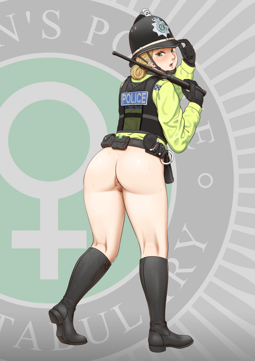 1girl absurdres anoni-chan anus ass ass_focus badge baton_(weapon) belt belt_pouch black_belt black_footwear black_gloves black_hat black_helmet black_vest blonde_hair blush boots chin_strap commission commissioner_upload cuffs custodian_helmet from_behind gloves green_hair green_jacket handcuffs hat helmet highres holding holding_unworn_clothes holding_unworn_hat jacket looking_at_viewer looking_back military_combat_uniform military_uniform no_pants nude original police police_badge police_hat police_uniform policewoman pouch pussy riding_boots simple_background surprised sweat tactical_clothes united_kingdom unworn_hat unworn_headwear venus_symbol vest weapon