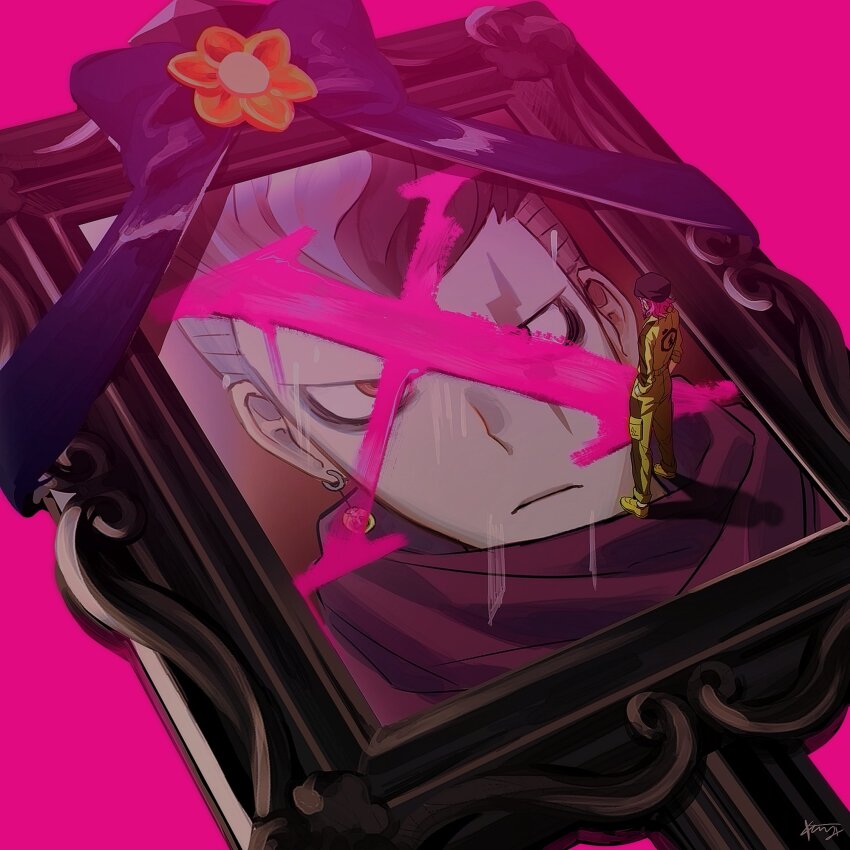 beanie black_hair black_hat bow commentary_request danganronpa_(series) danganronpa_2:_goodbye_despair gimmogi_kimumogi grey_hair hat highres iei jitome jumpsuit looking_at_viewer medium_hair multicolored_hair paint picture_frame pink_background pink_hair purple_bow purple_scarf ribbon scar scar_across_eye scar_on_face scarf shoes sneakers soda_kazuichi spoilers streaked_hair tanaka_gundham x yellow_jumpsuit yellow_shoes