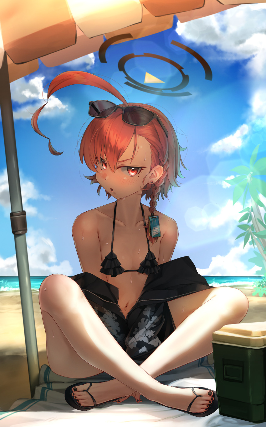 1girl absurdres ahoge bare_legs bare_shoulders beach beach_umbrella bikini black_bikini black_nails blue_archive blush braid breasts cooler eyewear_on_head halo highres looking_at_viewer mole mole_under_eye neru_(blue_archive) off_shoulder official_alternate_costume open_mouth orange_hair red_eyes short_hair single_braid slippers small_breasts solo sunglasses swimsuit umbrella walking_nakta