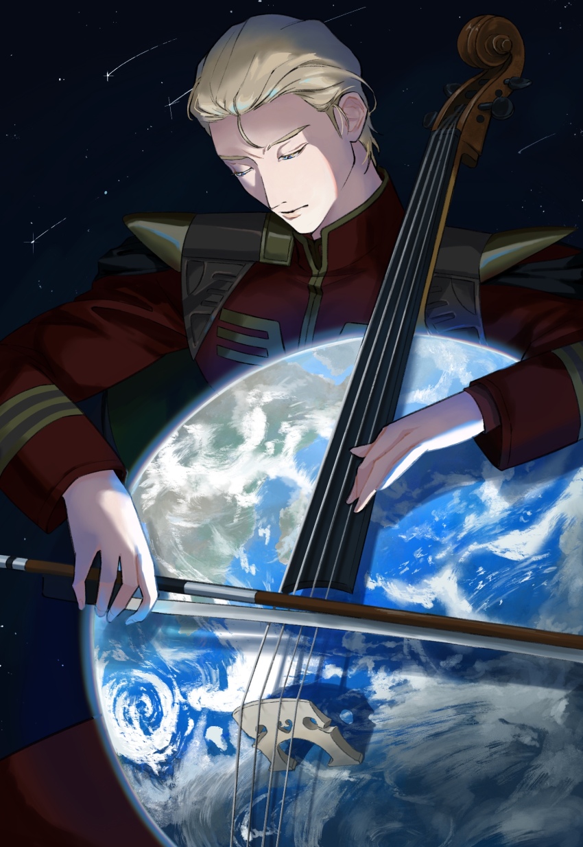1boy basic_learning blonde_hair blue_eyes bow_(music) cello char&#039;s_counterattack char_aznable earth_(planet) gundam hair_slicked_back high_collar highres holding holding_bow_(music) instrument jacket long_sleeves male_focus military_jacket military_uniform music night night_sky planet playing_instrument red_jacket short_hair sky solo star_(sky)