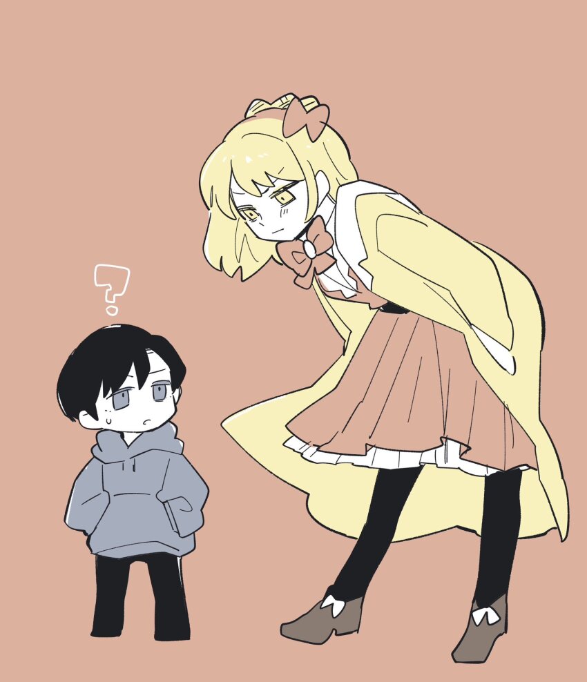 1boy 1girl ? bent_over black_hair blonde_hair bow bowtie coat confused dress enoch_(project_moon) hands_in_pockets highres hood hoodie kojocho05 library_of_ruina lobotomy_corporation project_moon time_paradox tiphereth_a_(project_moon) yellow_coat