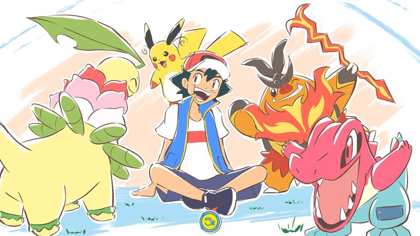 1boy ash_ketchum baseball_cap bayleef black_hair blue_vest closed_eyes cosplay crossed_legs emboar fangs feraligatr fire flower gen_1_pokemon gen_2_pokemon gen_5_pokemon hat holding leaf mega_emboar mega_emboar_(cosplay) mega_feraligatr mega_feraligatr_(cosplay) mega_meganium mega_meganium_(cosplay) mega_raichu_x mega_raichu_x_(cosplay) meganium nintendo on_shoulder one_eye_closed open_mouth pignite pikachu pokemon pokemon_(anime) pokemon_(creature) pokemon_journeys pokemon_on_shoulder raichu sergiromero shirt shoes short_hair short_sleeves sitting smile tail totodile vest white_shirt
