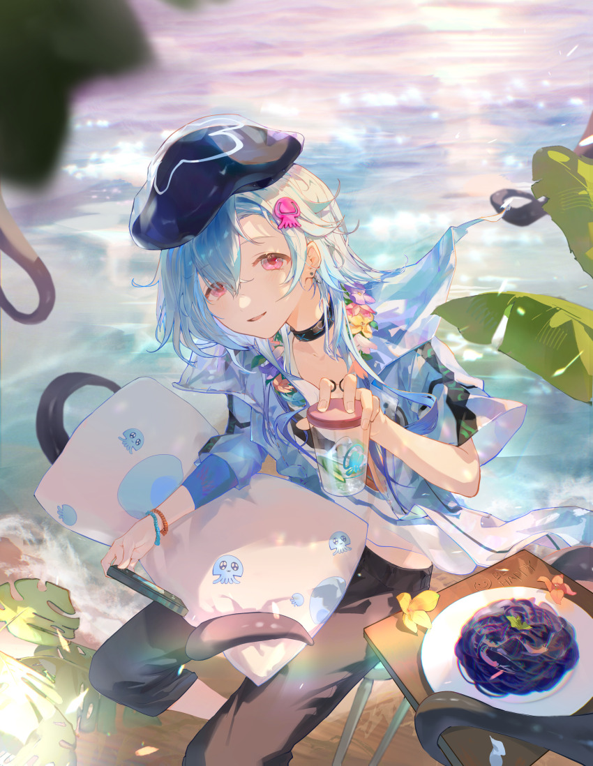 1boy absurdres arknights black_pants blue_hair chinese_commentary commentary_request cup highres holding holding_cup infection_monitor_(arknights) looking_at_viewer male_focus mie_mie_shuang_pi_nai mizuki_(arknights) mizuki_(summer_feast)_(arknights) official_alternate_costume open_mouth pants pink_eyes shirt short_hair solo striped_clothes striped_shirt