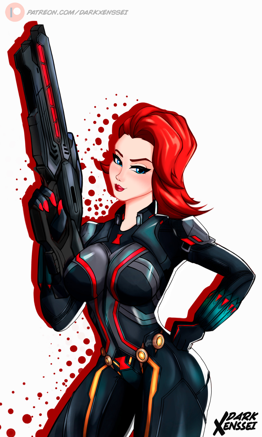 absurdres avengers_(series) black_widow breasts darkxenssei gun highres jumpsuit large_breasts marvel marvel_rivals natasha_romanoff original red_hair red_lips rifle sniper_rifle weapon wide_hips
