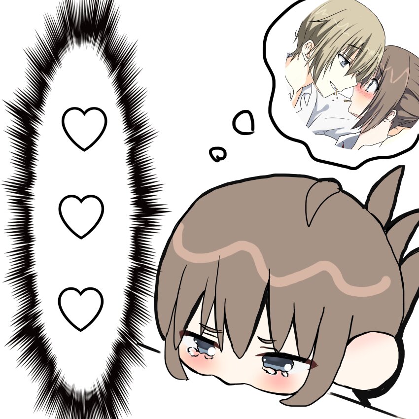 1girl absurdres ajft52o4jw30403 blush brown_hair chibi close-up commentary eye_contact food_in_mouth grey_eyes grin hair_between_eyes heart hetero highres imminent_kiss looking_at_another mamiya_takuji medium_hair nose_blush remembering short_hair simple_background smile solo speech_bubble spoken_heart subarashiki_hibi tachibana_kimika tears thought_bubble white_background