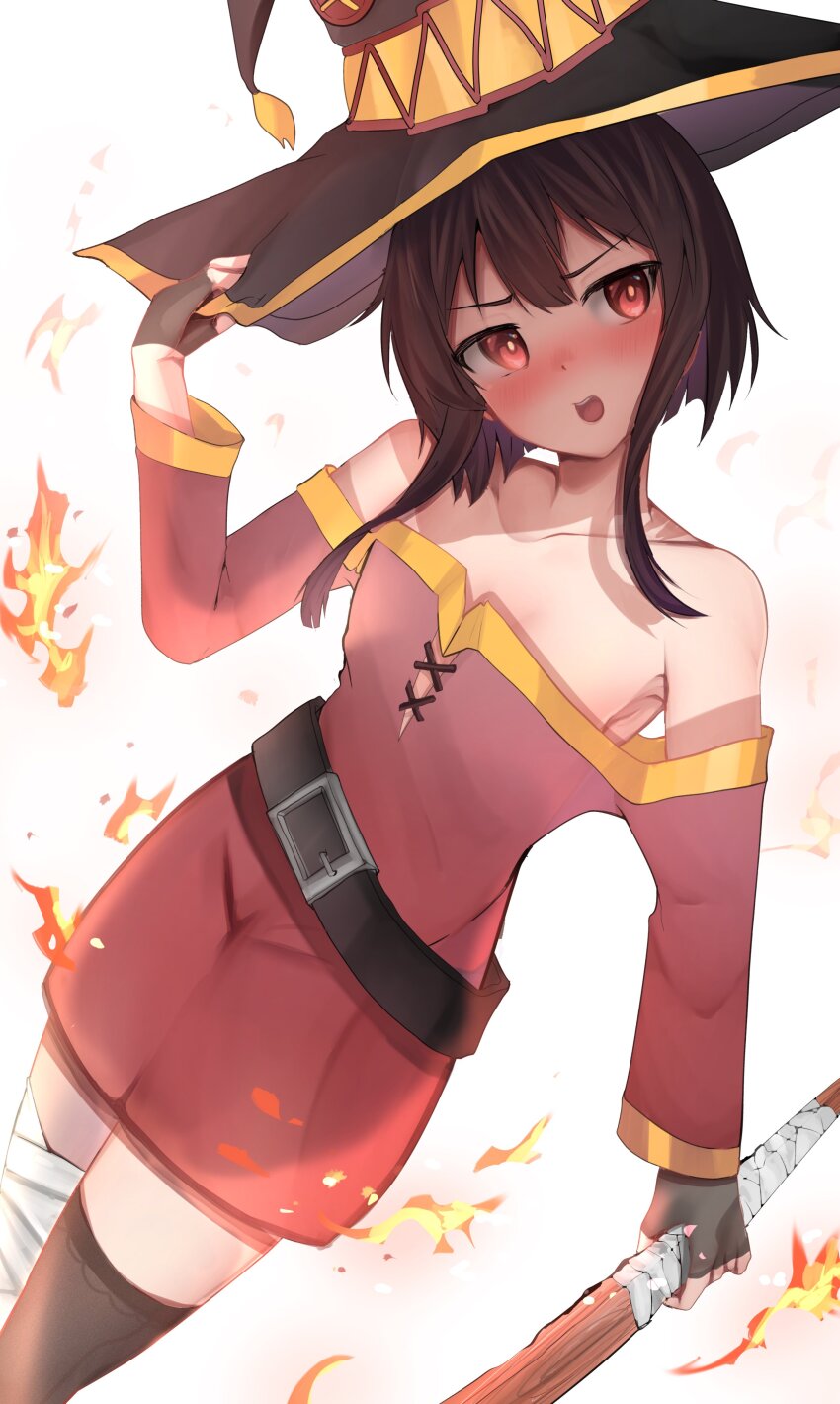 1girl absurdres annoyed arm_at_side asymmetrical_legwear bandaged_leg bandages belt black_belt black_gloves black_hat black_thighhighs brown_hair collarbone dot_nose dress embarrassed feet_out_of_frame female_focus fingerless_gloves fire flat_chest from_above gloves hand_up hat highres holding holding_staff kono_subarashii_sekai_ni_shukufuku_wo! long_sleeves looking_at_viewer meemz_a megumin multicolored_hat off-shoulder_dress off_shoulder open_mouth petite red_dress red_eyes red_hat short_hair_with_long_locks simple_background solo staff standing teeth thighhighs tsundere two-tone_dress upper_teeth_only white_background witch_hat yellow_dress yellow_hat