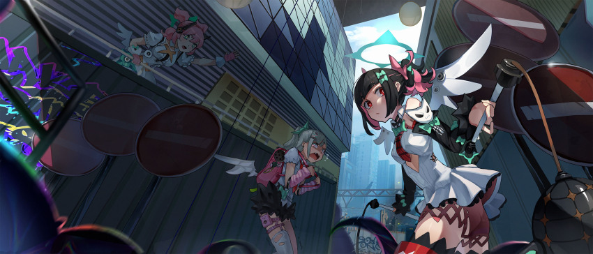 angel angel_wings bag black_hair breasts chinatsu_remiel closed_eyes dress green_halo halo hehehe_(hakwy) highres long_hair multiple_girls open_mouth outdoors pink_hair red_eyes rokudu_sariel short_hair skirt smile thighhighs virtual_youtuber white_dress white_hair wings yutane_johiel zenless_zone_zero