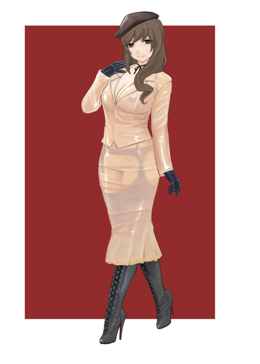 1girl boots bow breasts brown_eyes brown_hair cleavage covered_erect_nipples female_focus garter_belt gloves high_heel_boots high_heels highres komii large_breasts latex long_hair nipples no_panties see-through_clothes solo walking