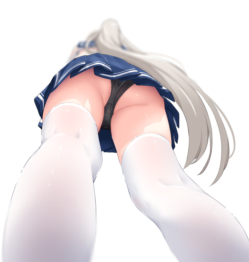 1girl ass ayanami_(azur_lane) ayanami_(retrofit)_(azur_lane) azur_lane bare_shoulders black_panties blonde_hair blue_skirt crop_top from_behind from_below highres long_hair midriff miniskirt panties pleated_skirt ponytail retrofit_(azur_lane) sailor_collar school_uniform serafuku sironora skindentation skirt solo thighhighs thighs underwear upskirt very_long_hair