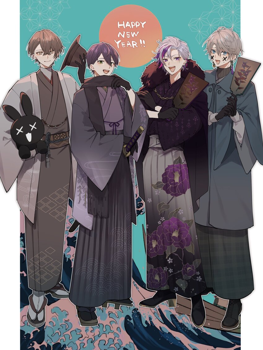 4boys :d absurdres ahoge aqua_background asa_no_ha_(pattern) barbell_piercing black_boots black_gloves black_scarf black_shoes black_socks blue_coat blue_eyes boat boots brown_eyes brown_hair brown_hat brown_kimono brown_sandals brown_sash chain closed_mouth coat collared_coat commentary crossed_arms crossed_bangs ear_piercing earrings facepaint fang fedora floral_print fur-trimmed_jacket fur_trim fuwa_minato geta gloves gold_chain gradient_clothes gradient_hakama green_eyes grey_hair grey_hakama grey_haori grey_kimono hagoita hair_between_eyes hakama hakama_skirt hand_up hands_up haori happy_new_year hat high_heel_boots high_heels highres holding holding_paddle holding_stuffed_toy holding_unworn_clothes holding_unworn_hat industrial_piercing jacket jacket_on_shoulders japanese_clothes jewelry kagami_hayato kaida_haru kenmochi_touya kimono long_sleeves looking_at_viewer male_focus mismatched_earrings multicolored_hair multiple_boys new_year nijisanji obi obijime open_clothes open_mouth paddle parted_bangs piercing pink_hair plaid_clothes plaid_kimono print_hakama purple_eyes purple_hair purple_jacket purple_kimono rof-mao rope sandals sash saw_(dtn_error) scarf seigaiha sheath sheathed shirt shoes short_hair skirt smile socks streaked_hair stuffed_animal stuffed_rabbit stuffed_toy sweat sword symbol-only_commentary tabi tassel tassel_earrings teeth unworn_hat unworn_headwear upper_teeth_only virtual_youtuber water watercraft waves weapon white_hakama white_haori white_shirt white_socks wide_sleeves zouri