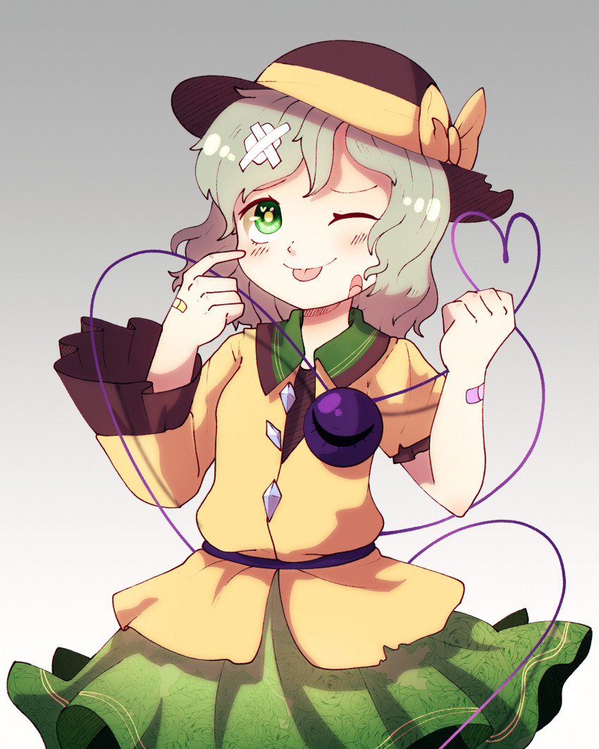 1girl ;p absurdres bandaid bandaid_on_arm bandaid_on_hand bandaid_on_head black_hat blouse bow breasts closed_mouth collared_shirt commentary cowboy_shot dungeon_toaster english_commentary floral_print gradient_background green_eyes green_hair green_skirt grey_background hat hat_bow hat_ribbon heart heart_of_string highres komeiji_koishi long_sleeves looking_at_viewer medium_hair one_eye_closed print_skirt ribbon rose_print shirt simple_background skirt small_breasts solo third_eye tongue tongue_out torn_clothes torn_shirt touhou wide_sleeves yellow_bow yellow_ribbon yellow_shirt