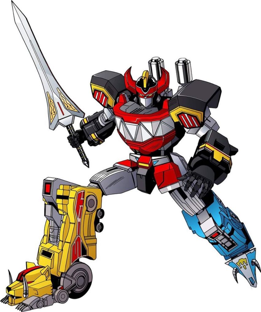 artist_collaboration commentary daizyuzin dan_mora dino_megazord english_commentary highres holding holding_sword holding_weapon horns looking_down mecha mighty_morphin_power_rangers no_humans official_art open_hand power_rangers robot science_fiction solo sword tokusatsu weapon white_background