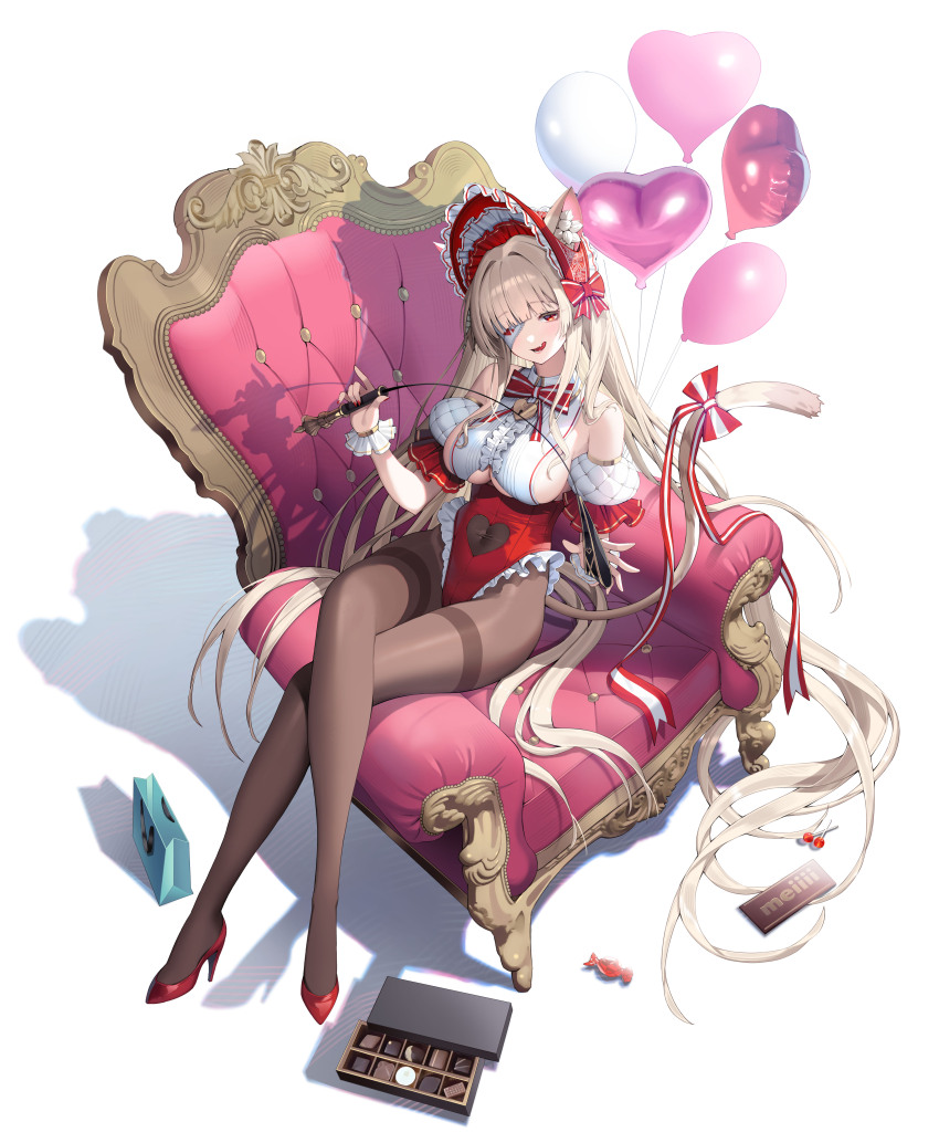 1girl absurdly_long_hair absurdres animal_ear_fluff animal_ears balloon black_pantyhose blunt_bangs bonnet bow bowtie box box_of_chocolates brand_name_imitation breasts brown_hair candy cat_ears cat_fantasy cat_girl cat_tail center_frills chupa_chups cleavage clothing_cutout collared_leotard commentary_request covered_navel crossed_legs detached_sleeves fang food frilled_bonnet frilled_sleeves frills full_body hair_intakes heart_balloon heart_cutout high_heels highres holding holding_whip large_breasts leotard lollipop long_hair looking_at_viewer meiji_(brand) navel_cutout official_alternate_costume one_eye_covered orange_eyes pantyhose puffy_short_sleeves puffy_sleeves red_bonnet red_bow red_bowtie red_leotard red_ribbon red_shoes ribbon shadow shoes short_sleeves sideboob sidelocks simple_background sitting sitting_on_throne sitting_sideways leotard solo stiletto_heels striped_ribbon sylviette_(cat_fantasy) tail tail_ornament tail_ribbon tongue tongue_out underboob underboob_cutout very_long_hair white_background wrapped_candy yuri_(chocho_q)