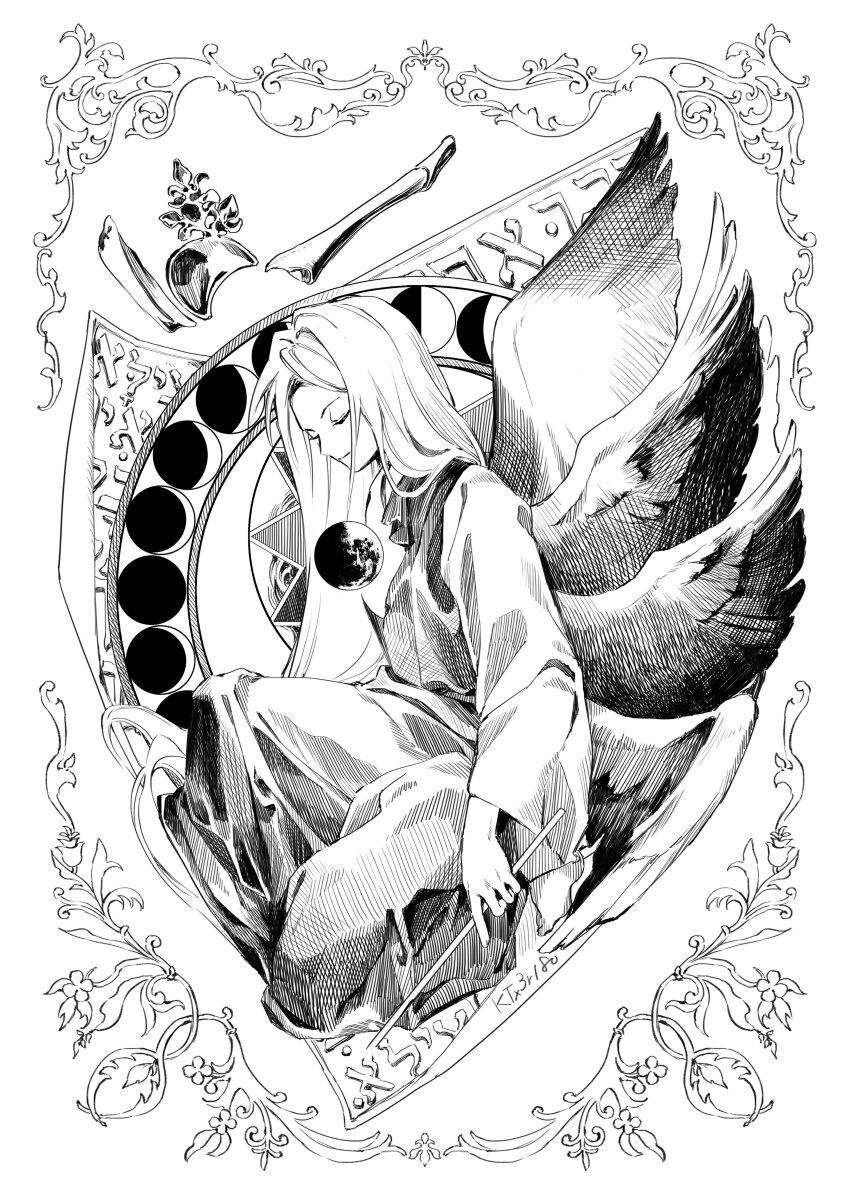 1girl absurdres closed_eyes closed_mouth commentary dress highres holding holding_wand kaigen_1025 light_smile long_hair long_sleeves monochrome multiple_wings parted_bangs sariel_(touhou) sitting solo touhou touhou_(pc-98) very_long_hair wand wings