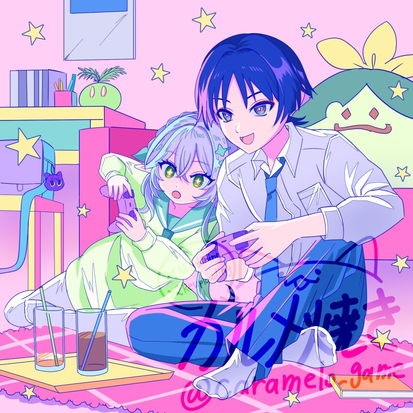 1boy 1girl alternate_costume aranara_(genshin_impact) arm_on_knee asymmetrical_sidelocks backpack bag blue_necktie blue_pants blunt_ends book breast_pocket caramelo_game chair collared_shirt colored_inner_hair colorful contemporary controller cross-shaped_pupils crossed_bangs dress drinking_straw eyeliner eyeshadow genshin_impact glass green_dress green_eyes green_sailor_collar green_serafuku grey_eyes hair_between_eyes hair_intakes hair_ornament half_crown_braid highres holding indian_style indoors joystick leaf leaf_hair_ornament leaning_on_person leaning_to_the_side looking_past_viewer makeup multicolored_hair nahida_(genshin_impact) necktie open_mouth pants pantyhose pink_hair plant playing pocket pointy_ears potted_plant purple_hair red_eyeliner red_eyeshadow ringed_eyes sailor_collar scaramouche_(cat)_(genshin_impact) scaramouche_(genshin_impact) school_uniform serafuku shirt sitting slime_(genshin_impact) socks star_(symbol) symbol-shaped_pupils table tareme tray tsurime twitter_username watermark white_hair white_pantyhose white_shirt white_socks wispy_bangs yellow_pupils