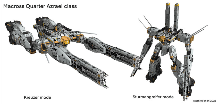 2023 3d atomicgenjin character_name concept_art dated energy_cannon english_text fusion german_text highres machinery macross macross:_do_you_remember_love? macross_frontier macross_quarter mecha radio_antenna redesign robot science_fiction sdf-1 signature spacecraft storm_attacker white_background
