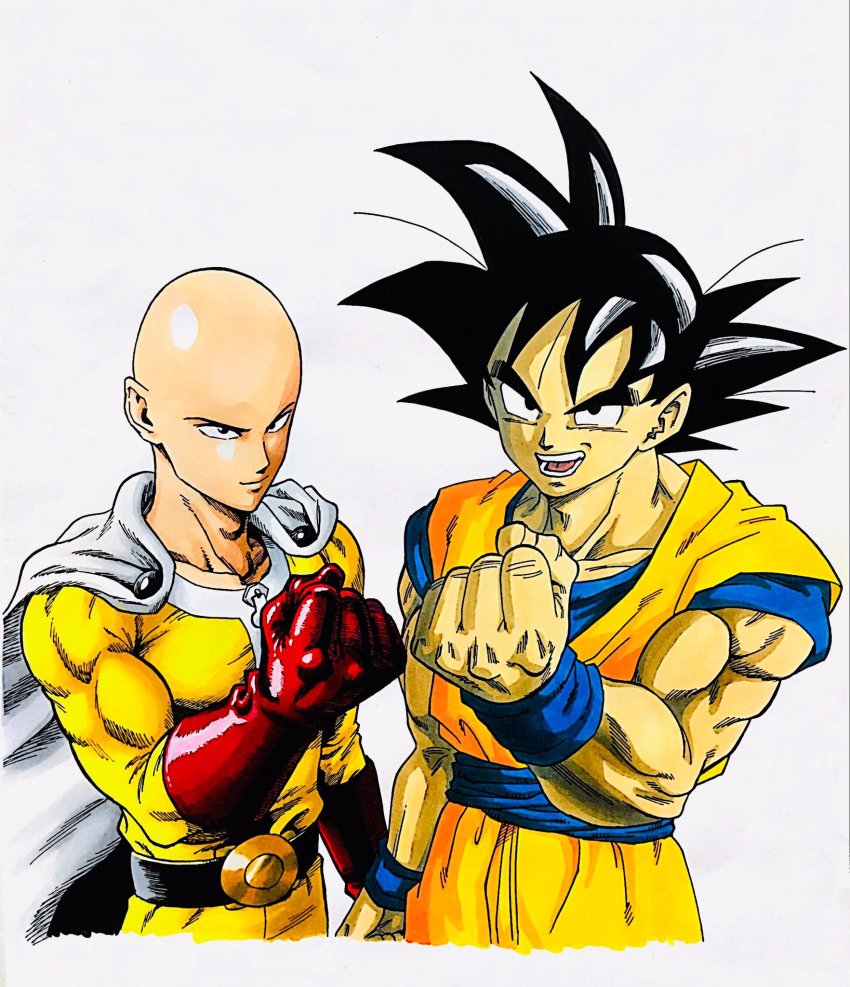 2boys bald black_eyes black_hair cape clenched_hand collarbone crossover dougi dragon_ball dragonball_z gloves highres lee_(dragon_garou) male_focus marker_(medium) multiple_boys muscular one-punch_man open_mouth red_gloves saitama_(one-punch_man) smile son_goku traditional_media white_background wristband zipper