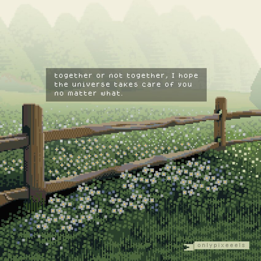 bush cloud cloudy_sky english_text fence flower fog forest grass highres meadow nature no_humans onlypixeeels original outdoors overgrown pixel_art scenery sky too_many_flowers tree wooden_fence