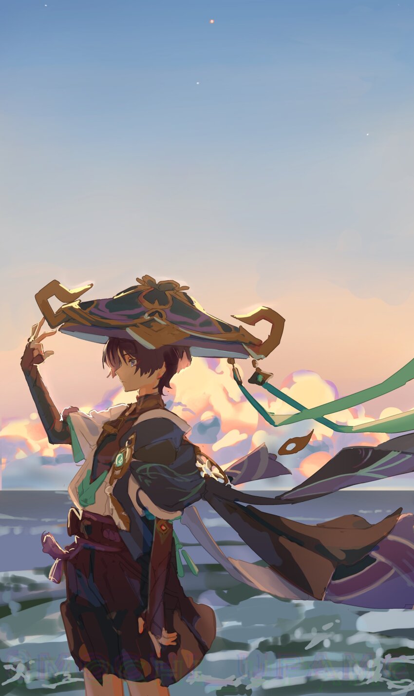 1boy absurdres anemo_symbol_(genshin_impact) aqua_gemstone aqua_kimono aqua_sleeves aqua_trim arm_at_side armor artist_name belt black_belt black_bodysuit black_bow black_bridal_gauntlets black_hair black_shorts blue_cape blue_hat blue_sky blunt_ends bodysuit bow bridal_gauntlets cape closed_mouth cloud cloudy_sky cowboy_shot curled_fingers dusk expressionless eyeliner eyeshadow feathers gem genshin_impact gold gradient_sky hakama hakama_shorts han&#039;eri hand_up hat highres japanese_armor japanese_clothes jingasa kimono kote kurokote layered_kimono layered_sleeves looking_to_the_side makeup male_focus mochi_upamo ocean open_clothes open_kimono orange_sky outdoors pleated_shorts pom_pom_(clothes) purple_eyes purple_rope purple_sash red_eyeliner red_eyeshadow rope sash scaramouche_(genshin_impact) short_sleeves shorts sketch sky solo standing star_(sky) tassel three_quarter_view tsurime turtleneck turtleneck_bodysuit vision_(genshin_impact) wanderer_(genshin_impact) watermark white_kimono white_sleeves yellow_feathers