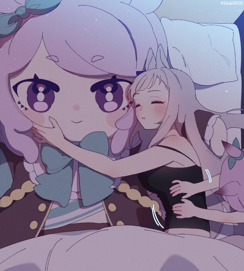 2girls animal_ears bed black_shirt blanket blush bow breasts camisole character_doll closed_eyes doll doqute_stuffed_doll ear_bow ggubii0225 gold_ship_(umamusume) grey_hair highres horse_ears hugging_doll hugging_object indoors long_hair medium_breasts mejiro_mcqueen_(umamusume) motion_lines multiple_girls parted_lips pillow purple_hair shirt sleeping twitter_username umamusume under_covers upper_body watermark
