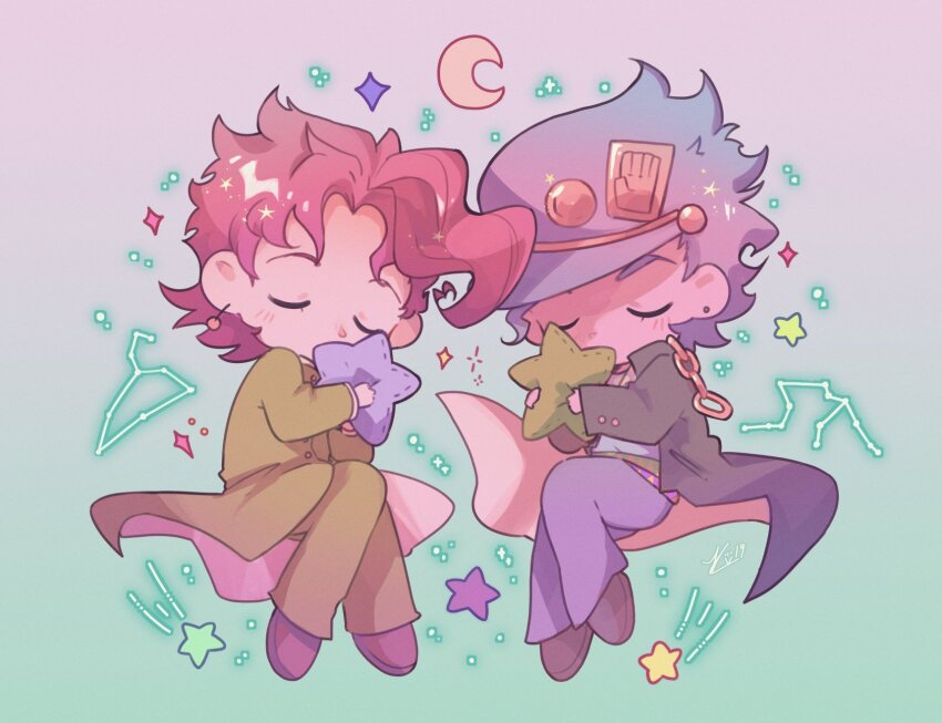 2boys black_coat chain closed_eyes coat constellation constellation_request crescent_moon gradient_background green_pants highres holding holding_stuffed_toy jojo_no_kimyou_na_bouken kakyoin_noriaki kitchupsandwich kuujou_joutarou long_coat male_focus moon multiple_boys pants purple_hair purple_pants red_coat red_hair stardust_crusaders stuffed_star stuffed_toy
