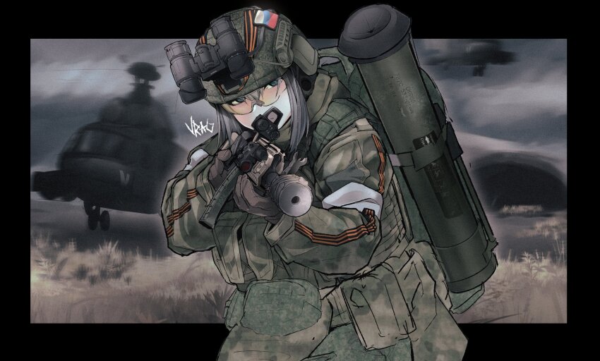 1girl absurdres aircraft ammunition_pouch anti-tank_missile assault_rifle blue_eyes bulletproof_vest camouflage camouflage_headwear camouflage_jacket camouflage_pants commission ear_protection eotech fakuxnxmy flying gloves grass green_gloves green_jacket green_pants grey_hair gun hair_between_eyes helicopter highres holding holding_gun holding_weapon jacket kalashnikov_rifle laser_sight long_sleeves military military_combat_uniform military_uniform night_vision_device original outdoors pants pouch reflex_sight ribbon_of_saint_george rifle russia russian_flag russian_ground_forces russo-ukrainian_war safety_glasses short_hair signature solo sunglasses suppressor weapon weapon_request