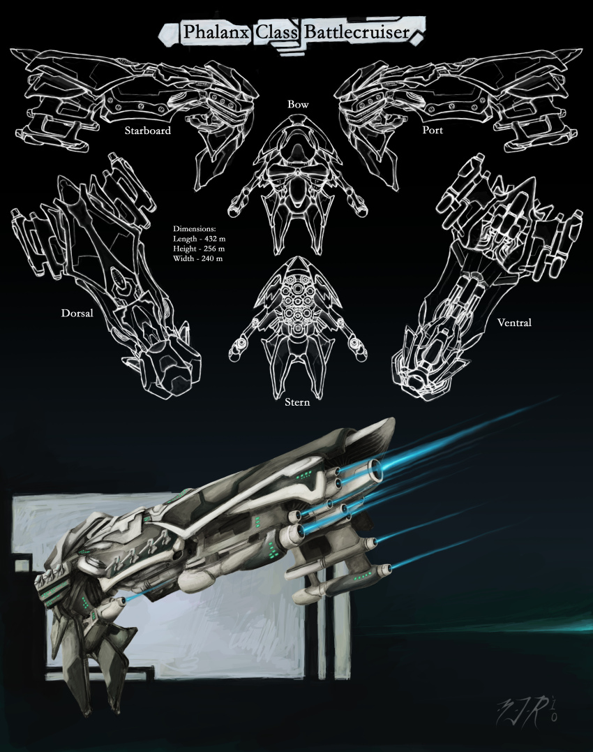 absurdres battlecruiser_(eve_online) reference_sheet commentary concept_art eve_online from_side gallente_federation_(eve_online) glowing highres military_vehicle multiple_views no_humans original peacewise science_fiction spacecraft thrusters vehicle_focus
