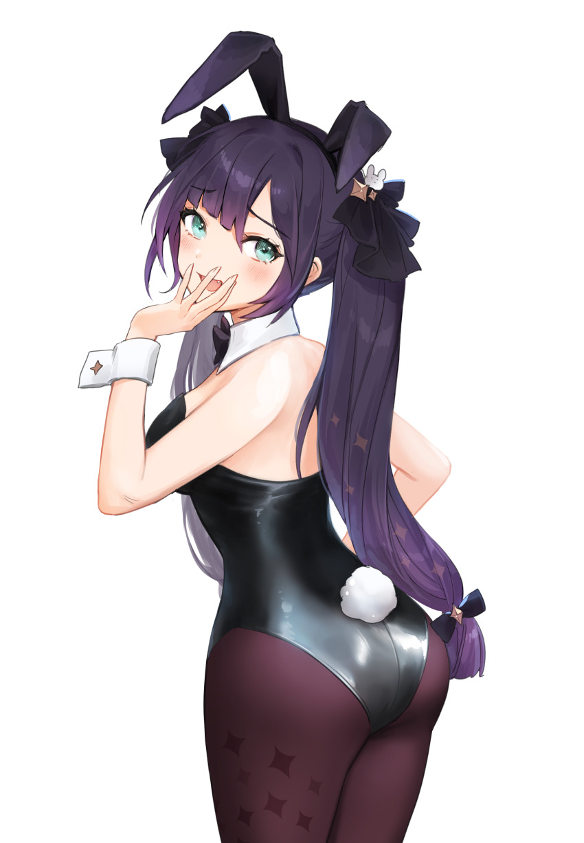 1girl :d absurdres animal_ears ass back bare_arms bare_shoulders black_leotard blue_eyes bow breasts brown_pantyhose cowboy_shot detached_collar fake_animal_ears fake_tail from_behind genshin_impact hair_bow hairband hibiwa highres leotard long_hair looking_at_viewer looking_back medium_breasts mona_(genshin_impact) open_mouth pantyhose playboy_bunny purple_hair rabbit_ears rabbit_tail simple_background smile solo strapless strapless_leotard tail twintails very_long_hair white_background wrist_cuffs