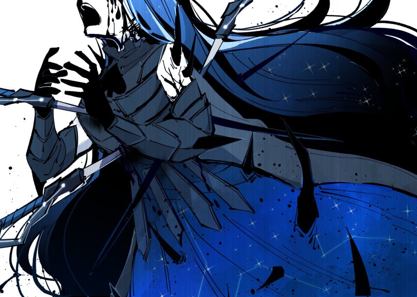 1girl armor black_armor black_blood black_skin blood blue_dress blue_hair colored_skin constellation_print crying dress highres knight_of_despair lobotomy_corporation long_hair multicolored_hair open_mouth project_moon sabaage simple_background solo sparkle stab streaked_hair sword vambraces very_long_hair weapon white_background