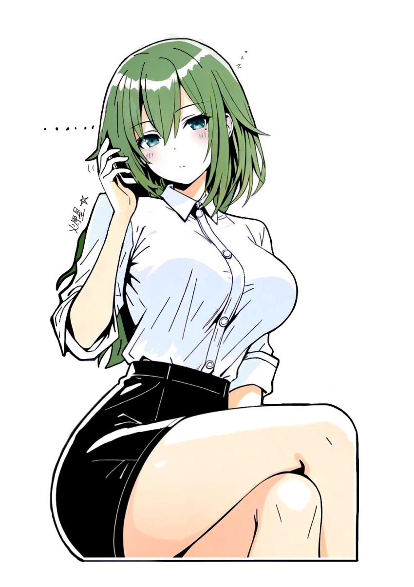 1girl black_skirt blue_eyes blush breasts cellphone closed_mouth commentary crossed_legs english_commentary green_hair hair_between_eyes hibarakirari high-waist_skirt highres holding holding_phone large_breasts long_hair looking_at_viewer mole mole_under_eye phone shirt simple_background sitting skirt sleeves_rolled_up solo venus_(zenless_zone_zero) white_background white_shirt zenless_zone_zero zzz