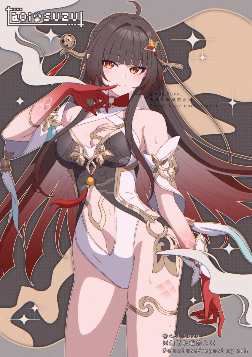 1girl adapted_costume ahoge aoi_suzu artist_name bare_shoulders breasts brown_hair cleavage closed_mouth clothing_cutout colored_extremities commentary_request cowboy_shot criss-cross_straps detached_sleeves diamond-shaped_pupils diamond_(shape) finger_to_mouth gradient_hair hair_ornament hand_up highres honkai:_star_rail honkai_(series) large_breasts lingsha_(honkai:_star_rail) long_hair looking_at_viewer multicolored_hair orange_eyes partial_commentary red_hair red_hands short_sleeves smile solo stomach_cutout symbol-shaped_pupils very_long_hair white_sleeves