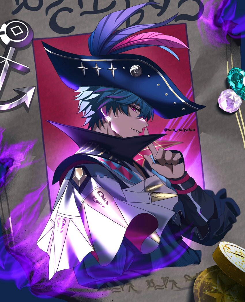 1boy blue_shirt brant_(wuthering_waves) commentary derivative_work earrings english_commentary finger_to_mouth hat highres index_finger_raised jewelry looking_at_viewer looking_to_the_side male_focus parted_lips sae_naiyatsu shirt shushing sideways_glance smile solo tricorne twitter_username wuthering_waves