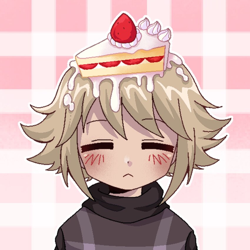 1girl :&lt; =_= black_sweater blonde_hair blush cake cake_on_head cake_slice closed_eyes closed_mouth commentary food food_on_head frown fruit hair_flaps highres human_experiment_(wwinterdotcom) object_on_head oekaki outline pink_background plaid_background portrait short_hair sidelocks simple_background solo strawberry sweater symbol-only_commentary two-tone_background urotsuki white_background white_outline yume_2kki