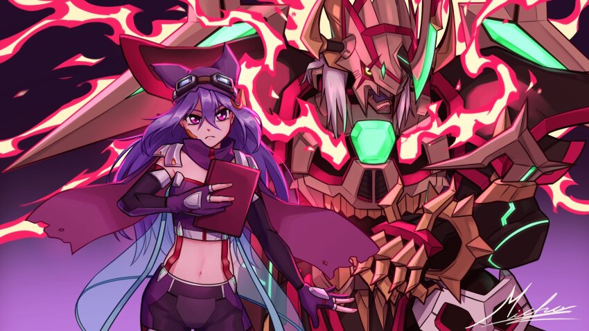 1girl digimon digimon_story:_sunburst_and_moonlight gaioumon goggles goggles_on_head highres long_hair midriff navel purple_eyes purple_hair sayo_(digimon) tagme