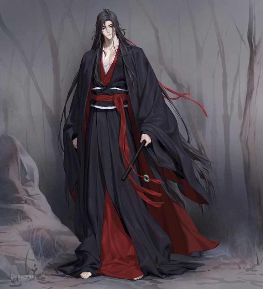 1boy absurdres bare_tree barefoot black_hair black_hanfu black_robe chest_tattoo chinese_clothes closed_mouth collarbone flute full_body grey_background hair_down hair_ribbon half_updo hanfu highres holding holding_flute holding_instrument instrument korean_commentary long_hair long_sleeves looking_at_viewer male_focus modao_zushi official_alternate_costume official_alternate_hairstyle outdoors pectoral_cleavage pectorals red_eyes red_ribbon red_sash ribbon robe rock sash smile solo ssu_saeu standing tassel tattoo tree twitter_username very_long_hair watermark wei_wuxian wei_wuxian_(yiling_laozu) wide_sleeves
