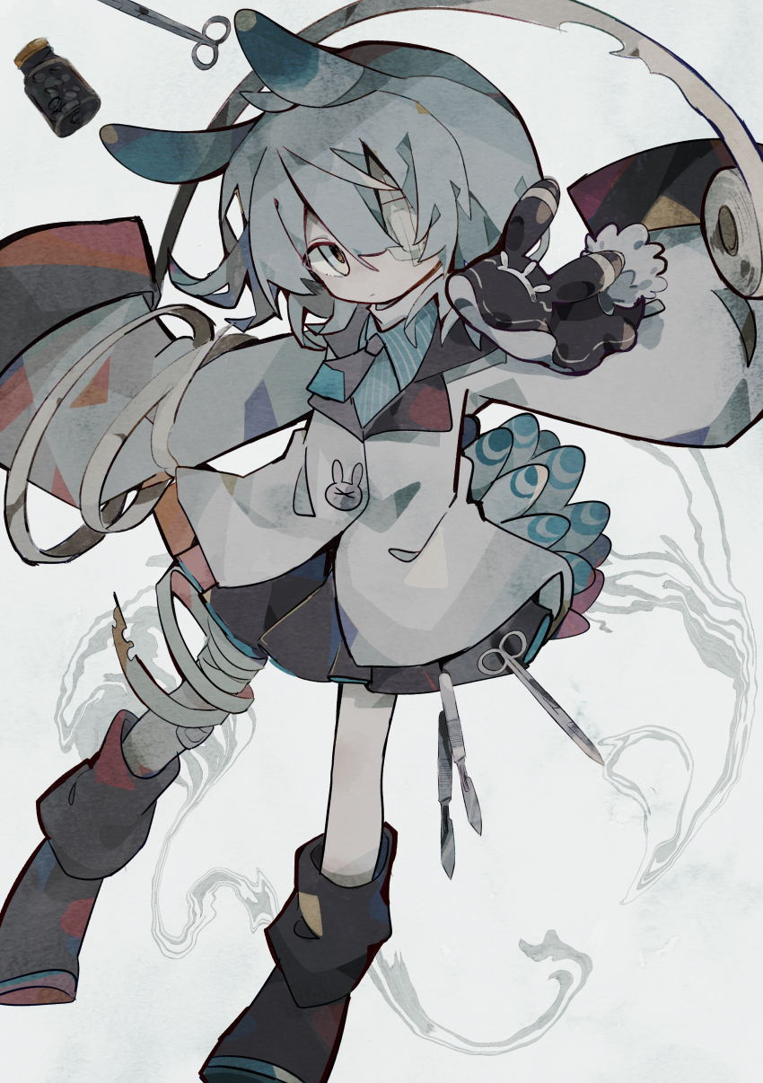 1other absurdres androgynous animal aqua_shirt aqua_skirt bandaged_leg bandages black_necktie black_skirt black_socks bobby_socks closed_mouth commentary creature_and_personification english_commentary expressionless full_body gauze gauze_on_knee gauze_over_eye grey_hair grey_jacket highres jacket jar long_sleeves looking_at_viewer medium_hair necktie one_eye_covered original personification pinstripe_pattern pinstripe_shirt rabbit_pin scalpel scissors sea_slug shirt skirt sleeves_past_fingers sleeves_past_wrists socks solo soresaki tail two-sided_fabric two-sided_skirt white_background wide_sleeves