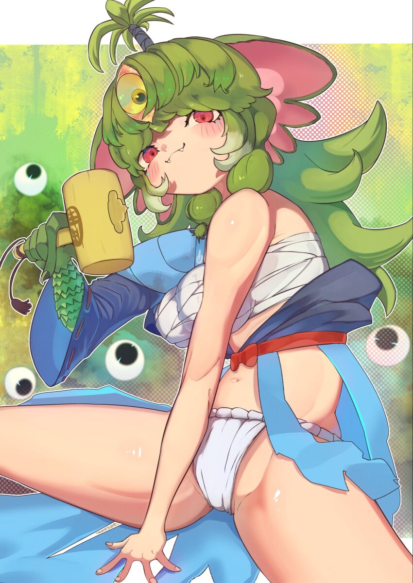 1girl animal_ears blush breasts cameltoe chest_sarashi disembodied_eye fangs fundoshi green_hair hadanugi_dousa halftone highres holding holding_mallet japanese_clothes kemono_friends kemono_friends_3 letterboxed long_hair mallet multicolored_hair navel open_kimono osnmykk outside_border red_eyes sanmoto_gorozaemon_(kemono_friends) sarashi scales solo thighs third_eye topknot