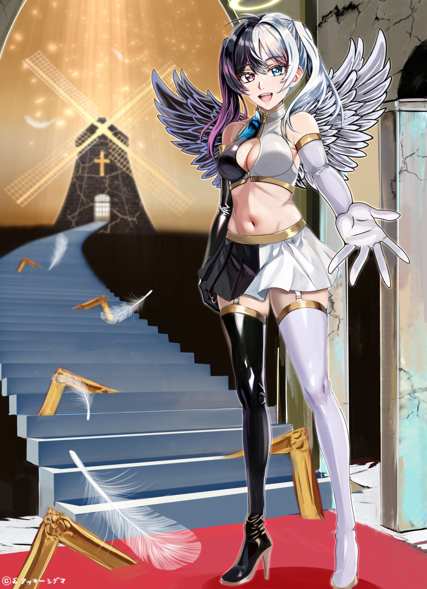 1girl :d absurdres akiishiguma bare_shoulders black_boots black_gloves black_hair black_skirt blue_eyes boots breasts elbow_gloves feathered_wings feathers full_body garter_straps gloves halo heterochromia high_heel_boots high_heels highres latex latex_boots latex_gloves latex_skirt latex_top medium_breasts midriff multicolored_hair navel open_mouth original reaching reaching_towards_viewer red_eyes shiny_clothes skin_tight skirt smile solo split-color_clothes split-color_hair stairs standing teeth thigh_boots twintails two-tone_hair upper_teeth_only white_boots white_gloves white_hair white_skirt windmill wings