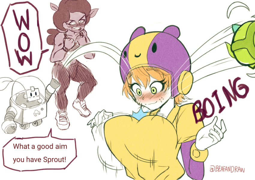 2girls bea_(brawl_stars) blush bouncing_breasts bouncing_object brawl_stars breasts dark-skinned_female dark_skin freckles glasses green_eyes helmet leaves leaves_on_hair looking_at_breasts multiple_girls open_mouth orange_hair robot rosa_(brawl_stars) shirt shoes signature smile sprout_(brawl_stars) text_focus wheels white_background yellow_shirt
