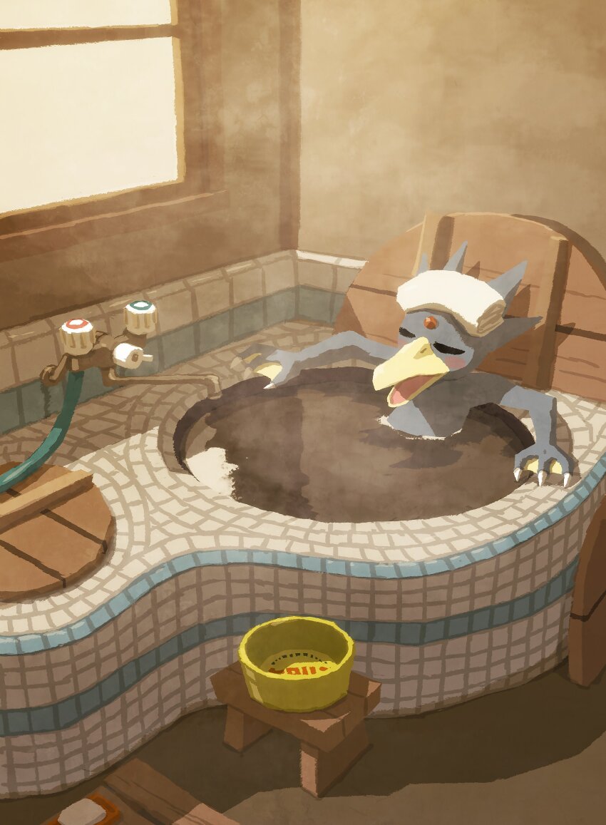 absurdres bathing bathtub blush bucket closed_eyes faucet gen_1_pokemon golduck highres hyogonosuke indoors nintendo no_humans open_mouth pokemon pokemon_(creature) solo steam stool towel towel_on_head water wooden_stool