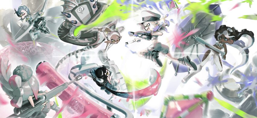 1boy 6+girls absurdres aqua_eyes aramaki_spla battle big_man_(grand_festival)_(splatoon) big_man_(splatoon) bikini bikini_top_only black_hair blonde_hair boots bow-shaped_hair brown_hair callie_(grand_festival)_(splatoon) callie_(splatoon) cephalopod_eyes commentary criss-cross_halter crop_top cross-laced_slit cross-shaped_pupils dark-skinned_female dark_skin dual_wielding earrings english_commentary fang frye_(grand_festival)_(splatoon) frye_(splatoon) full_body grey_bikini grey_hair grin hair_horns hair_ornament hair_over_one_eye halterneck hat highres holding holding_weapon horizontal_pupils inkling jewelry knee_boots lace-up_boots long_hair long_pointy_ears looking_at_another manta_ray marie_(grand_festival)_(splatoon) marie_(splatoon) marina_(grand_festival)_(splatoon) marina_(splatoon) medium_hair midriff mole mole_under_mouth multicolored_hair multiple_girls nintendo octoling official_alternate_costume one_eye_covered open_mouth order_brella_(splatoon) order_charger_(splatoon) order_dualies_(splatoon) order_roller_(splatoon) order_slosher_(splatoon) order_splatana_(splatoon) order_stringer_(splatoon) pants parted_bangs peaked_cap pearl_(grand_festival)_(splatoon) pearl_(splatoon) pink_hair pink_pupils pointy_ears puffy_pants purple_hair red_eyes shirt shiver_(grand_festival)_(splatoon) shiver_(splatoon) short_eyebrows short_hair side_slit smile splat_bomb_(splatoon) splatoon_(series) splatoon_3 suction_cups swimsuit symbol-shaped_pupils tentacle_hair twintails two-tone_hair v-shaped_eyebrows weapon white_footwear white_hat white_pants white_shirt x_hair_ornament yellow_eyes