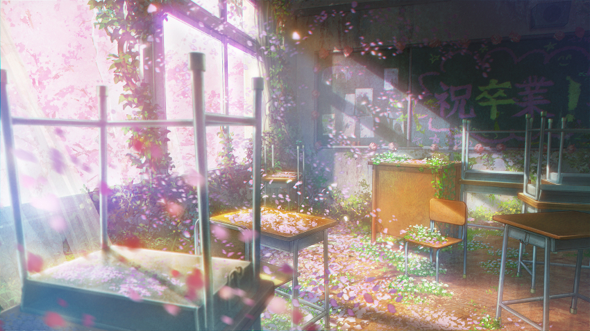 chair chalkboard cherry_blossoms classroom curtains day desk falling_petals flower grass highres indoors keishi109 no_humans original overgrown petals pink_flower plant scenery school school_chair school_desk shade sunlight table tree vines window