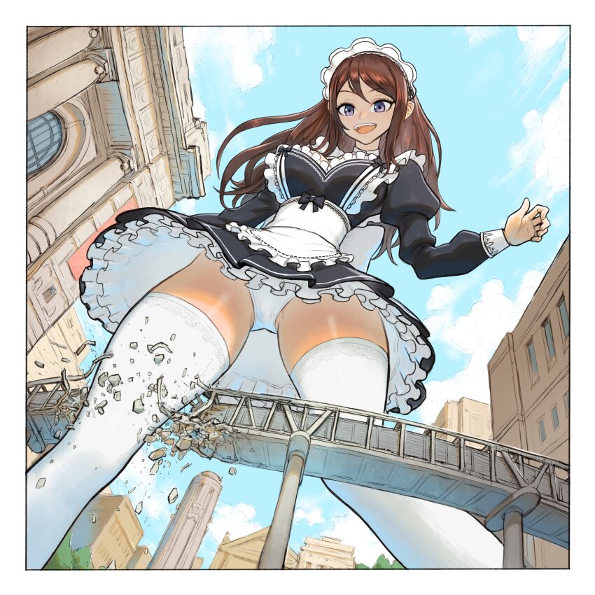 1girl :d absurdres apron breasts brown_hair building cloud commentary dattosan destruction english_commentary floating_hair giant giantess highres juliet_sleeves lace lace-trimmed_thighhighs lace_trim long_hair long_sleeves maid maid_apron medium_breasts open_mouth original panties pantyshot puffy_sleeves purple_eyes sky smile solo teeth thighhighs underwear upper_teeth_only walking white_panties white_thighhighs